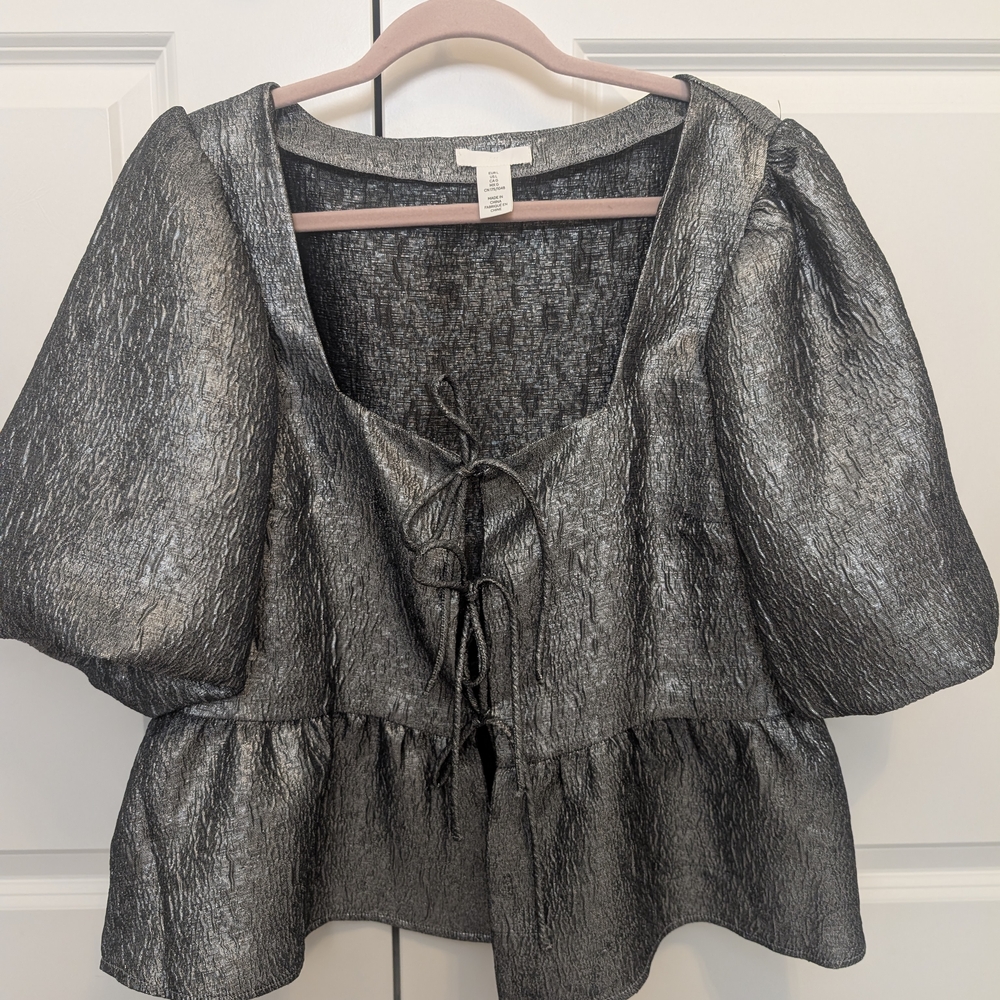 H&M Metallic Silver-Black Peplum Tie-Front Blouse